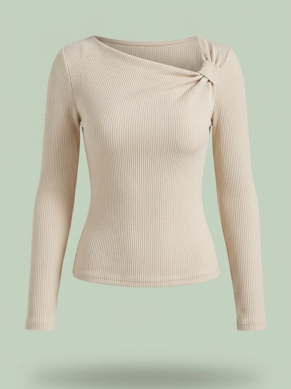 Ribbed Asymmetric Knot Long Sleeve Top — Beige